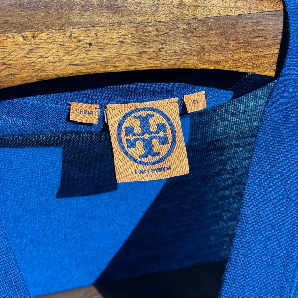 Tory Burch 100% Merino Wool Logo Button V-Neck Cardigan Sweater Blue M